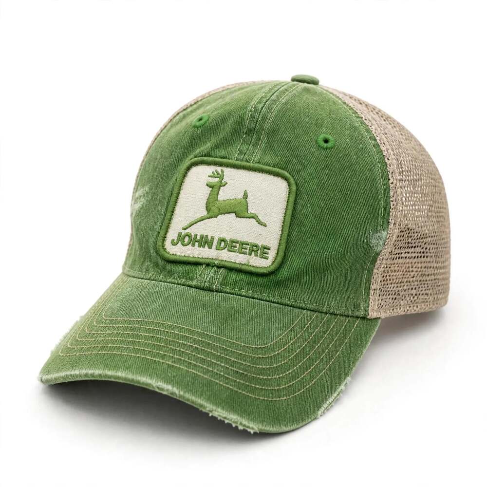 John Deere Stone Washed Mesh Trucker Cap in Green and Ivory